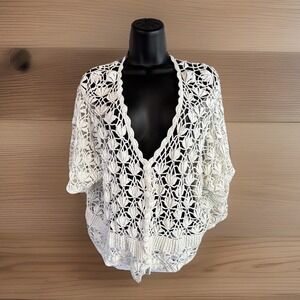 White Crochet Cardigan Short Sleeve Plus Size Plunge Neck Boho Fairy Romantic